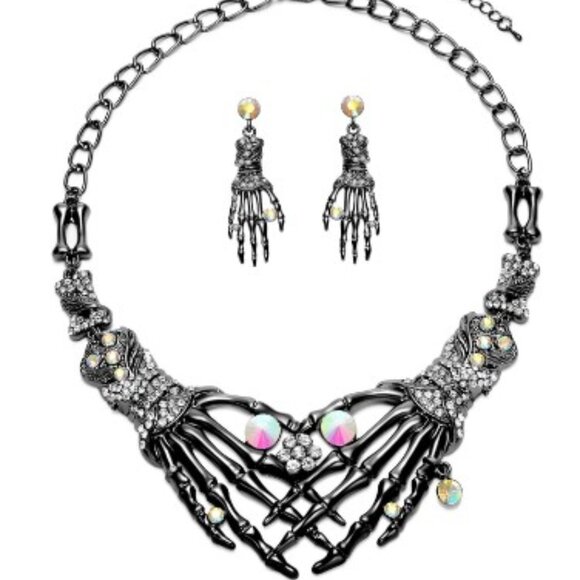 NEW HALLOWEEN PUNK SKULL SKELETON NECKLACE AND EARRINGS GOTHIC JEWELRY SET - Picture 1 of 16